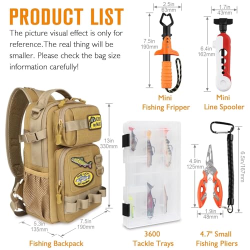 Dovesun Small Fishing Backpack Fishing Sling Bag with 3600 Tackle Box Small Tackle Backpack with Tool Set Khaki - color: B: Fishing Tackle Backpack With Tool Set(khaki）
