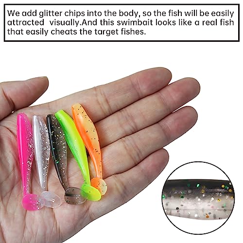 MAFIMOEA 50 Pcs Soft Fishing Lures Plastic Paddle Tail Swim Baits Kit for Bass Trout Walleye Crappie 5 Mixed Colors Fishing Soft Plastic Lure Kit 5.5CM - color: green