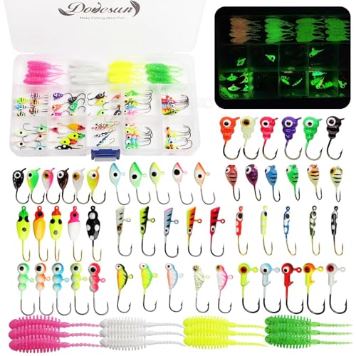 Dovesun Ice Fishing Jigs Kit Ice Fishing Lures Glow in The Dark Fishing Gear Lures 20-93Pcs Jig Head with Tackle Box for Panfish Walleye Crappie Perch Bluegil Trout - color: 93pcs