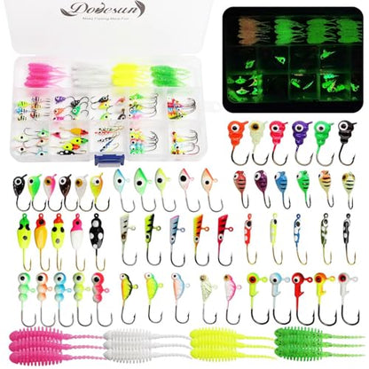 Dovesun Ice Fishing Jigs Kit Ice Fishing Lures Glow in The Dark Fishing Gear Lures 20-93Pcs Jig Head with Tackle Box for Panfish Walleye Crappie Perch Bluegil Trout - color: 93pcs