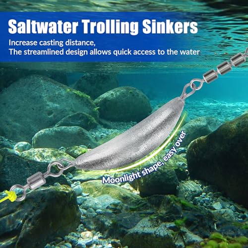 THKFISH Fishing Spin Sinker，Crescent Sinker with 3 Roller Swivels Fishing Sinker Drop Shot Weights Fishing Weights Kit Inline Trolling Sinkers,Torpedo Sinkers Saltwater Freshwater,1/2-6OZ, sliver - size: 6OZ
