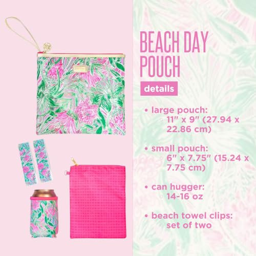 Lilly Pulitzer Water Resistant Vinyl Beach Day Pouch, Zipper Bag Includes Drink Hugger, Small Pouch, and Towel Clips - color: Coming In Hot