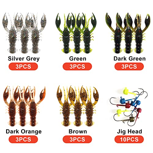 Soft Plastic Crawfish Lures Kit with Jig Heads, 25pcs/60pcs Creature Baits Fishing Lure Set for Bass Trout Pike Freshwater Fishing - color: 25pcs