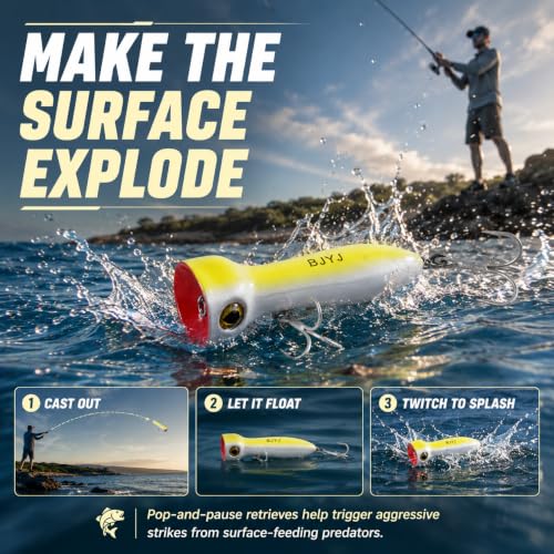 Topwater Popper Fishing Lure, 120mm 4.7in Floating Saltwater Surface Bait with BKK 3X Strong #1 Treble Hooks and Split Rings, Long Casting Hard Lure for Striped Bass Tuna Bluefish Inshore Fishing - color: A1-1PCS/1.48OZ-4.7"