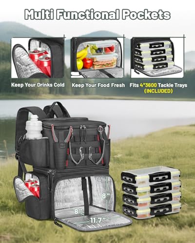 MATEIN Fishing Backpack with 4 Tackle Boxes, Fishing Bag with Rod Holder | 3600 Tackle Box 4 Pack, Water Resistant Tackle Backpack with Cooler Compartment, Safety Compass, Gifts for Fishermen - color: Black
