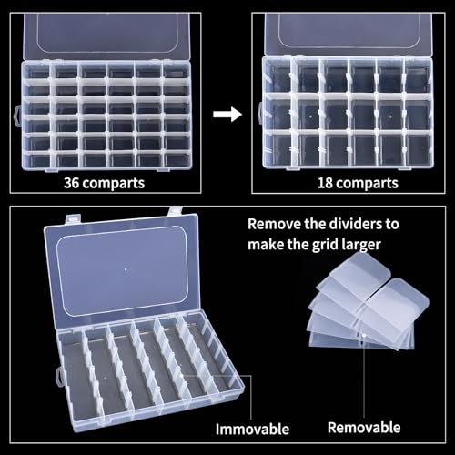 2 Pack Clear Bead Organizer Tackle Box with Adjustable Dividers for Jewelry Art Craft Containers 36 Grids Compartment with 5 Sheets Label Stickers - color: 2 Pack