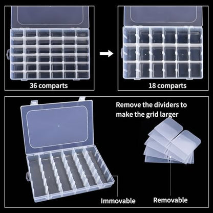 2 Pack Clear Bead Organizer Tackle Box with Adjustable Dividers for Jewelry Art Craft Containers 36 Grids Compartment with 5 Sheets Label Stickers - color: 2 Pack