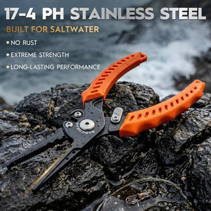 BasicGear Fishing Pliers, 17-4 PH Stainless Steel Saltwater Pliers, Braid Cutter, Split Ring Tool, Corrosion Resistant, One-Hand Operation (6.3" Compact (Light Fishing) - Orange) - size: 6.3" Compact (Light Fishing) - Orange
