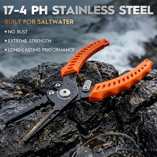 BasicGear Fishing Pliers, 17-4 PH Stainless Steel Saltwater Pliers, Braid Cutter, Split Ring Tool, Corrosion Resistant, One-Hand Operation (6.3" Compact (Light Fishing) - Black) - size: 6.3" Compact (Light Fishing) - Black