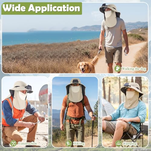 Berlune Solar Fan Hat Outdoor Fishing Hat with Neck Flap and Face Mask USB and Solar Powered for Men Women Sun Protection - color: Khaki