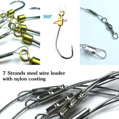 Fishing Hook with Leader,5 Hooks Fishing Rig-7 Strands Nylon Coated Fishing Leader with Swivle,Snap,Hooks - color: 5 hooks rig, size: 12#