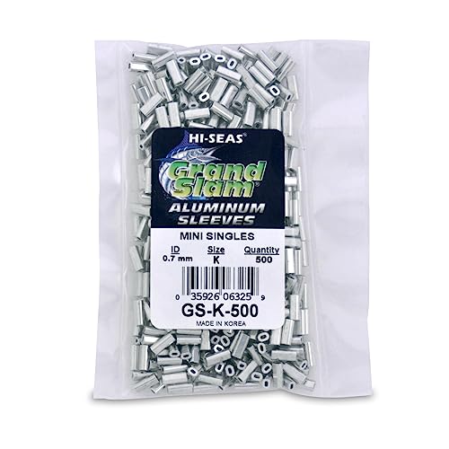 HI-SEAS Grand Slam Aluminum Fishing Line Crimp Sleeves - Bulk 500 Pieces, Durable and Strong Crimps for Monofilament 40lb Test up to 600lb Test for Saltwater Fishing Leaders - style: 500 Pc/0.7 Mm