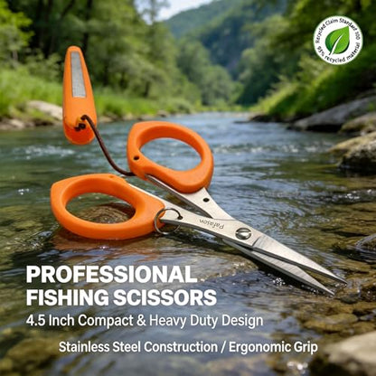 PAFASON 4.5"Fishing Scissors for Braided Line, Lanyard, Stainless Steel, Serrated Blades, Large Finger Holes, Non Slip Grip, Fishing Line Cutter, Safety Case