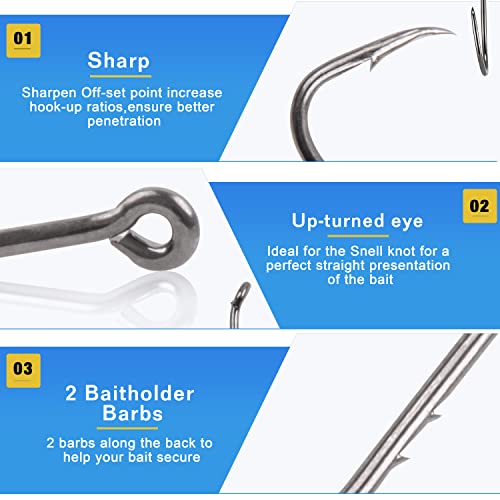 Octopus Baitholder Fishing Hooks Kit,130pcs Offset Octopus Circle Hooks Set Catfish J Hooks High Carbon Steel Barbed Jig Fishhooks for Freshwater Saltwater Size 1/0-5/0