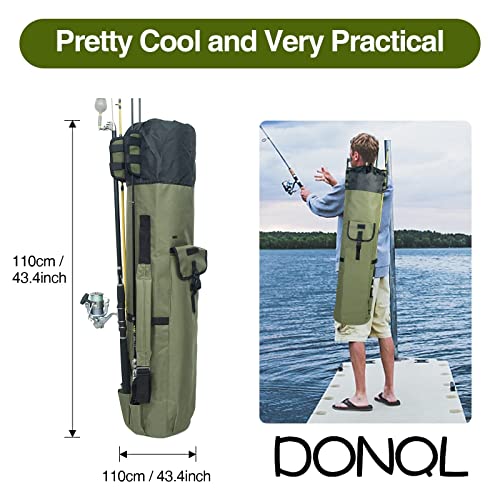 DONQL Fishing Rod Bags, Outdoor Fishing Pole Case, Multifunction Camping Portable Travel Carry Cases Backpack, Fishings Rod and Reel Case Holds 5 Poles & Rig Tackles, Fishings Gift for Men - color: Dark Green