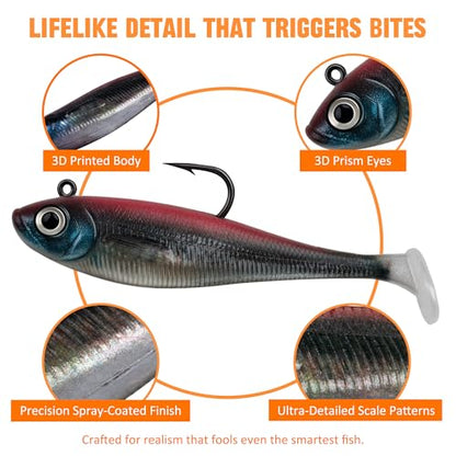 Paddle Tail Swimbait Fishing Lures for Bass Fishing | 5/6/15 Pcs Soft Plastic Lures With Paddle Tail, Pre-Rigged Jig Hook Options for Walleye, Pike & Trout Fishing - color: 6Pcs Pre-Rigged Paddle Tails
