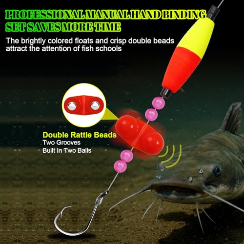 4Pcs Catfish Fishing Rigs Ready Kit, 2-in-1 Rattlesnake Sound Tube & Dual Rattling Beads, Heavy-Duty Circle Hooks, Adjustable Santee Rig Peg Float Rigs for Freshwater and Saltwater Catfishing