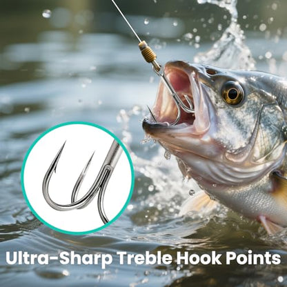 Fishing Hooks Treble Hooks Kit 50pcs Size#2#4#6#8#10 | High Carbon Steel, Strong Sharp Round Bend, For Catfish Trout, Hard Baits Lures, Saltwater Freshwater