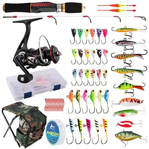 Dr.Fish Ice Fishing Rod and Reel Combo, Ice Fishing Pole Gear Spinning Reel Equipment Set Backpack Chair Jigs Lures Accessories - color: 24'' Ice Fishing Kit with Backpack Seat