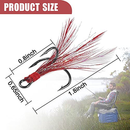 Feathered Treble Hooks Kit, 50 PCS Fishing Treble Hooks High Carbon Steel Sharp Barbed Fishing Hook with Storage Box, Freshwater Saltwater Lure Hook for Bass Trout Pike Salmon Catfish Fishing
