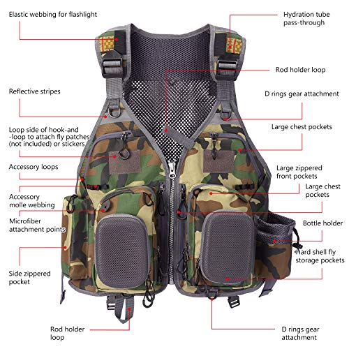BASSDASH Strap Fishing Vest Adjustable for Men and Women, for Fly Bass Fishing and Outdoor Activities - color: F22 - Green Camo