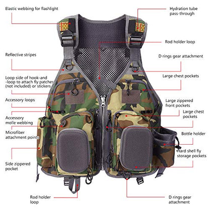 BASSDASH Strap Fishing Vest Adjustable for Men and Women, for Fly Bass Fishing and Outdoor Activities - color: F22 - Green Camo