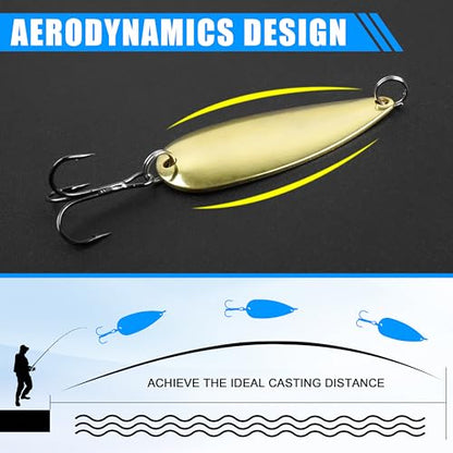 Fishing Spoons Metal Fishing Lures Kit, 5pcs Gold Metal Jigging Trout Lures Casting Trolling Spoon with with Treble Hooks for Trout Bass Pike Walleye Crappie Bass Salmon - size: 1/8oz