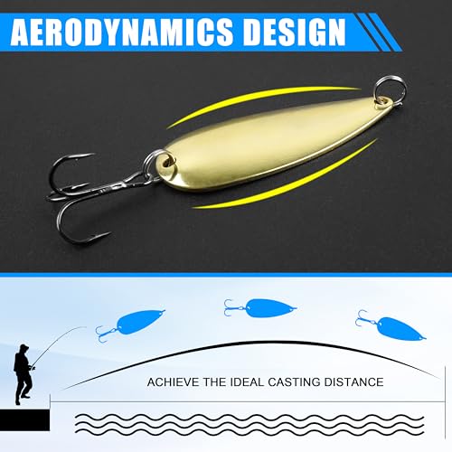 Fishing Spoons Metal Fishing Lures Kit, 5pcs Gold Metal Jigging Trout Lures Casting Trolling Spoon with with Treble Hooks for Trout Bass Pike Walleye Crappie Bass Salmon - size: 3/4oz