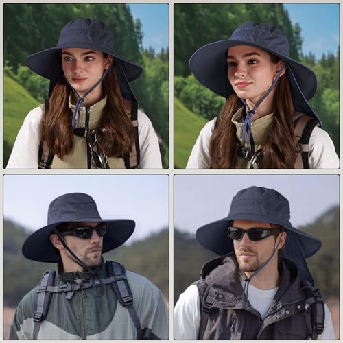 Sun Hats for Men Women, UPF50+ Protection Safari Hat,Wide Brim Fishing Hat with Neck Flap,Bucket Hats for Beach Hiking - color: Navy