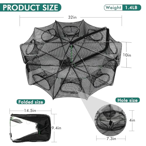 QualyQualy Fishing Bait Trap Crab Net Fishing Trap for Minnow/Crab/Shrimp/Crawdad with Rope, 6/8/10 Holes Large Space Fishing Net - size: 32*10‘’, style: 10 Holes - 1 Pcs