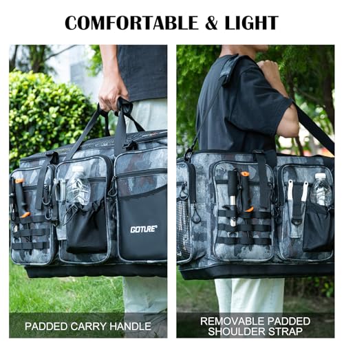 Goture Large Tackle Bag,Water Resistant Saltwater Gear Storage Big Fishing Bag with EVA Bottom,Store Up to 12PCS 3700 Plus 5PCS 3600 Tackle Trays(Not Included),Gifts for Men(26.38"x15.35"x11.42") - color: A2 Camo 2 XXL Without Trays
