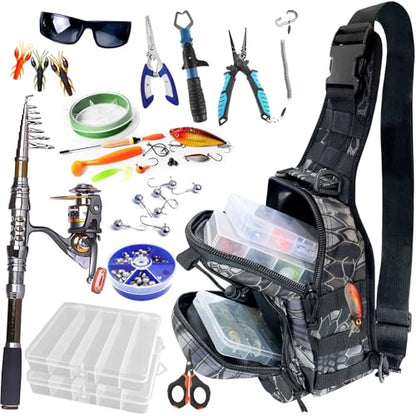 Kynzo Fishing Sling Backpack with Rod Holder, Water-Resistant Fishing Tackle Bag, Durable Shoulder Crossbody Pack for Freshwater Saltwater Fishing (D- Pythonskin Black) - color: D- Pythonskin Black