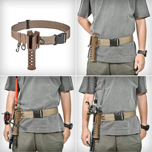 Fishing Rod Holder Belt - Adjustable Waist Wading Belts for Men with Portable Pole Inserter for Spinning Casting Reel, Outdoor Surf Kayak Fly Fishing Gear Accessories Wader Strap (Brown)