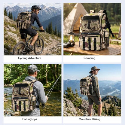 MGB 46L Fishing Tackle Backpack with 2 Rod Holders & YKK Zipper Storage Fishing Gear and Equipment, Gifts for Men Father - color: Brown Camo（without Tackle Box）