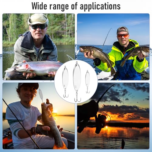 Shappy 15 Pcs Fishing Spoons Lures Treble Hooks Fishing Spoons 3 Sizes Hard Metal Casting Spoon Lures for Bass Trout Salmon Freshwater Saltwater in 1/5 3/4 1 oz - color: Silver