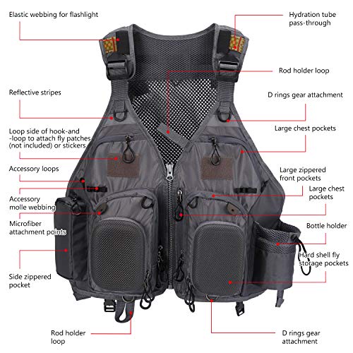 BASSDASH Strap Fishing Vest Adjustable for Men and Women, for Fly Bass Fishing and Outdoor Activities - color: F22 - Grey
