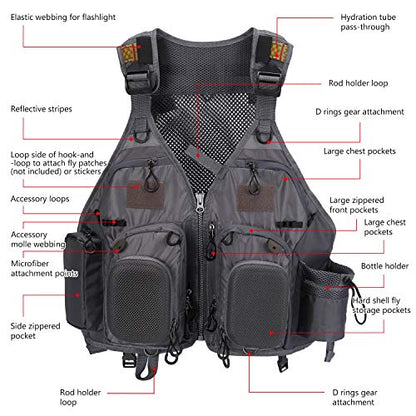 BASSDASH Strap Fishing Vest Adjustable for Men and Women, for Fly Bass Fishing and Outdoor Activities - color: F22 - Grey