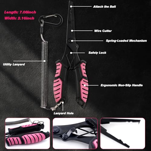 mouhike Pink Fishing Tool Set, 9 Modes Rechargeable LED Headlamp, Long Nose Fishing Pliers, Fish Lip Gripper, Night Fishing Gear Kit Fishing Gift for Men Women