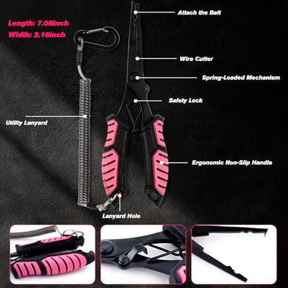 mouhike Pink Fishing Tool Set, 9 Modes Rechargeable LED Headlamp, Long Nose Fishing Pliers, Fish Lip Gripper, Night Fishing Gear Kit Fishing Gift for Men Women