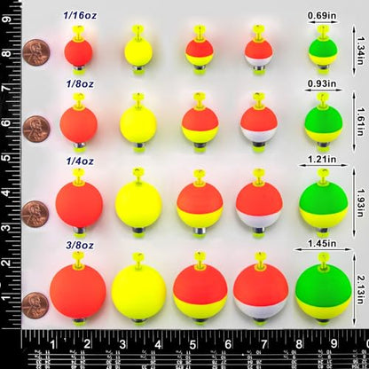 Alwonder 15-Pack Fishing Bobbers Floats, Weighted Bobbers for Fishing Ball EVA Foam Snap-on Floats Corks Floaters Buoys for Crappie Bass Panfish Bluegills Trout - size: #XS-0.69in-1/16oz