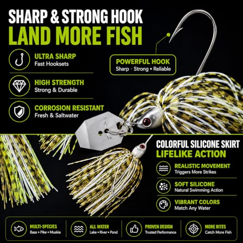 Bladed Jig Fishing Lures, Irresistible Vibrating Action, Sticky-Sharp Heavy-Wire Needle Point Hooks, 5Pcs 1/2 oz Multi-Color Kits with Storage Bag