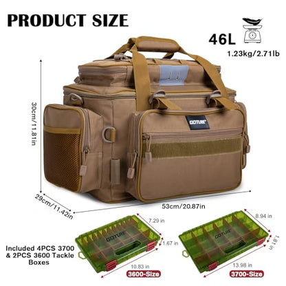 Goture Fishing Tackle Bag with 4pcs 3700 & 2pcs 3600 Tackle Boxes, 600D Water-Resistant Soft Side Saltwater Gear Storage Fishing Bag with Rod Straps, Detachable Water Bottle Pouch, Waterproof Bottom - color: C3:Khaki with (4)3700&(2)3600 Tackle Boxes, siz