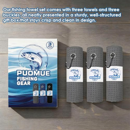 Puomue 3 Pack Microfiber Fishing Towels with Clip, 16" X 16", Waffle Pattern for Effective Cleaning of Fishing Gears or Dirty Hands, Perfect for Camping Towels and Hiking Towles (Grey, 16"X16") - color: Grey