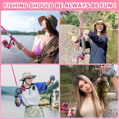 Fishing Rod and Reel Combos, Carbon Fiber Telescopic Fishing Pole Kit with Spinning Reel, Fishing Line, Fishing Lures, Travel Bag for Woman Girl Beginner Saltwater Freshwater - color: PINK