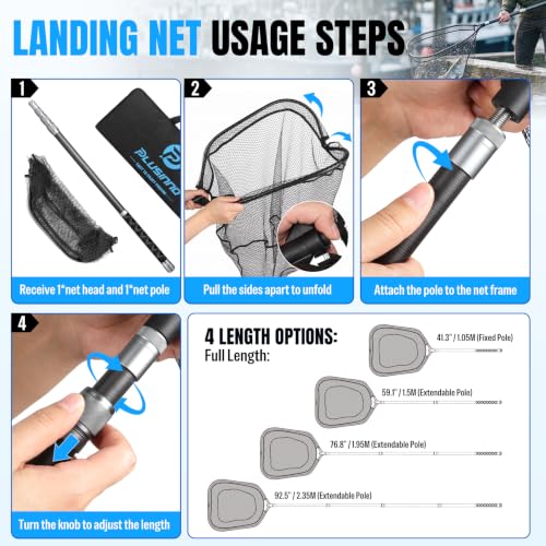 PLUSINNO Large Fishing Net, 3.4-7.7 FT Carbon Fiber Fish Net with Long Telescoping Handle, Kayak Fishing Gear Accessories Foldable Landing Net for Bass, Trout, Catfish, Fishing Gifts for Men Father - size: 4.9 FT (59.1") Full Length