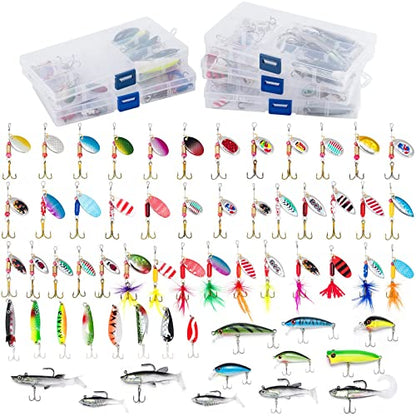 Dr.Fish Fishing Tackle Bag 5 Boxes with 60 Lures Included Loaded Stocked Tackle Box Set Spinner Lures Kit Freshwater Gear Equipment - color: Green Bag, 11.4*4.9*7.9’'