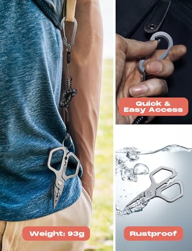 HOOK-EZE 17-4 Fishing Pliers, Saltwater Resistant Fishing Scissors,Tungsten Cutters, Knot Tying Tool with Lanyard, Split Ring Hook Remover, Gifts for Men