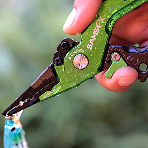 SAMSFX Aluminum Fishing Pliers Hook Remover Braid Line Cutter with Coiled Lanyard, Fly Fishing Knot Tying Tool & Retractors - color: Gray & Green Handle, Split Ring Nose