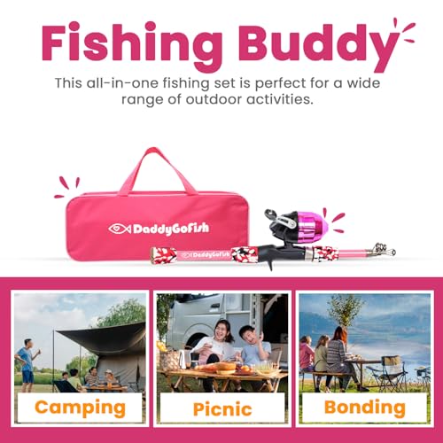 DaddyGoFish Kids Fishing Pole - Rod Reel Combo Tackle Box Starter Set - First Year Small Gear Kit for Boys Girls Toddler Youth Age Beginner Little Children - color: Pink (Essential Set), size: 4ft