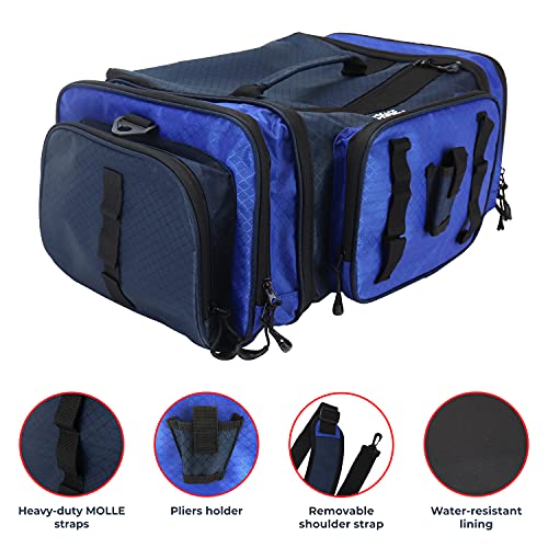 OSAGE RIVER Large Waterproof Fishing Tackle Bag with Padded Shoulder Strap, Ripstop Soft Sided Bag with Fishing Pliers Holder - color: Blue with 3 Tackle Boxes